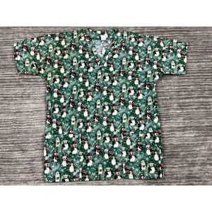 Friendly Scrubs Scrub Top Unisex Medium Green Penguin Winter Holiday V-Neck USA